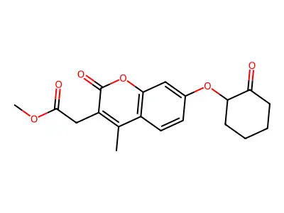 methyl {4-methyl-2-oxo-7-[(2-oxocyclohexyl)oxy]-2H-chromen-3-yl}acetate structure