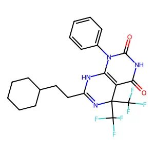 7-(2-cyclohexylethyl)-1-phenyl-5,5-bis(trifluoromethyl)-8H-pyrimido[4,5-d]pyrimidine-2,4-dione structure