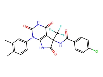 4-chloro-N-[1-(3,4-dimethylphenyl)-2,4,6-trioxo-5-(trifluoromethyl)-7H-pyrrolo[2,3-d]pyrimidin-5-yl]benzamide structure
