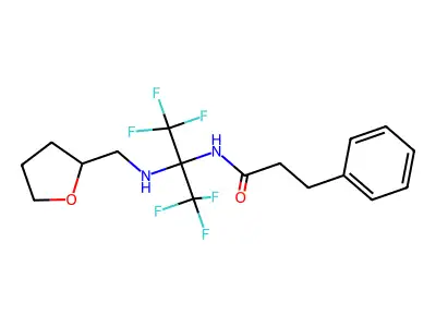 3-phenyl-N-[2,2,2-trifluoro-1-[(tetrahydro-2-furanylmethyl)amino]-1-(trifluoromethyl)ethyl]propanamide structure