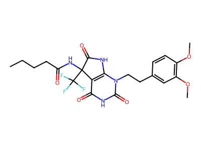 N-[1-[2-(3,4-dimethoxyphenyl)ethyl]-2,4,6-trioxo-5-(trifluoromethyl)-7H-pyrrolo[2,3-d]pyrimidin-5-yl]pentanamide structure