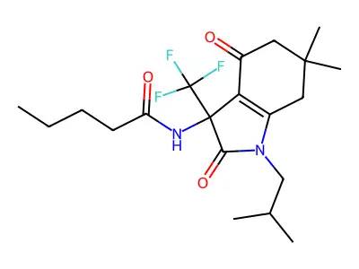 N-[1-isobutyl-6,6-dimethyl-2,4-dioxo-3-(trifluoromethyl)-2,3,4,5,6,7-hexahydro-1H-indol-3-yl]pentanamide structure