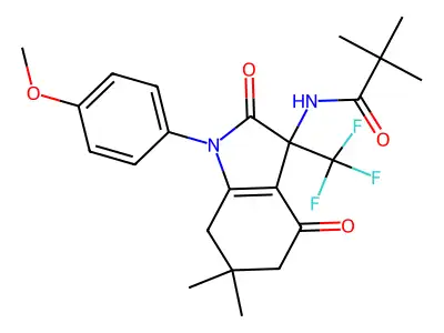 N-[1-(4-methoxyphenyl)-6,6-dimethyl-2,4-dioxo-3-(trifluoromethyl)-5,7-dihydroindol-3-yl]-2,2-dimethylpropanamide structure