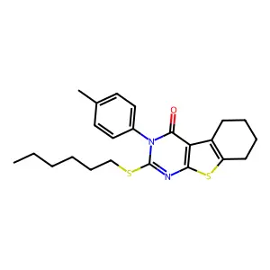 2-(hexylsulfanyl)-3-(4-methylphenyl)-5,6,7,8-tetrahydro[1]benzothieno[2,3-d]pyrimidin-4(3H)-one structure