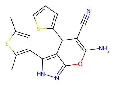 6-amino-3-(2,5-dimethyl-3-thienyl)-4-(2-thienyl)-1,4-dihydropyrano[2,3-c]pyrazole-5-carbonitrile structure