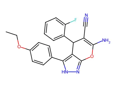 6-amino-3-(4-ethoxyphenyl)-4-(2-fluorophenyl)-1,4-dihydropyrano[2,3-c]pyrazole-5-carbonitrile structure