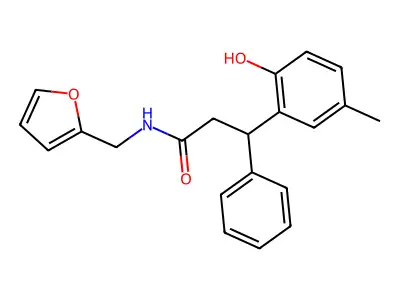N-(furan-2-ylmethyl)-3-(2-hydroxy-5-methylphenyl)-3-phenylpropanamide structure