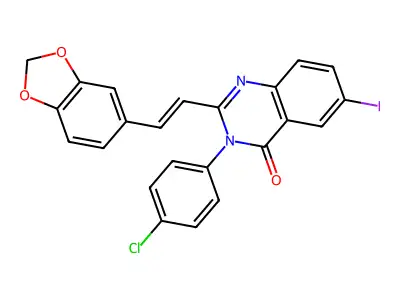 2-[(E)-2-(1,3-benzodioxol-5-yl)ethenyl]-3-(4-chlorophenyl)-6-iodoquinazolin-4-one structure