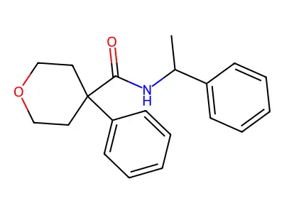 4-phenyl-N-(1-phenylethyl)tetrahydro-2H-pyran-4-carboxamide structure