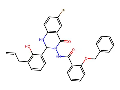 N-[6-bromo-2-(2-hydroxy-3-prop-2-enylphenyl)-4-oxo-1,2-dihydroquinazolin-3-yl]-2-phenylmethoxybenzamide structure