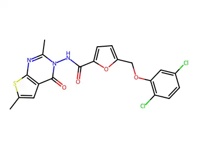 5-[(2,5-dichlorophenoxy)methyl]-N-(2,6-dimethyl-4-oxothieno[2,3-d]pyrimidin-3(4H)-yl)-2-furamide structure
