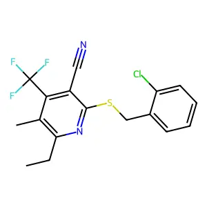 2-[(2-Chlorobenzyl)sulfanyl]-6-ethyl-5-methyl-4-(trifluoromethyl)nicotinonitrile structure
