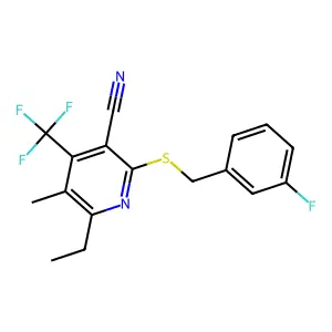 6-Ethyl-2-[(3-fluorobenzyl)sulfanyl]-5-methyl-4-(trifluoromethyl)nicotinonitrile structure
