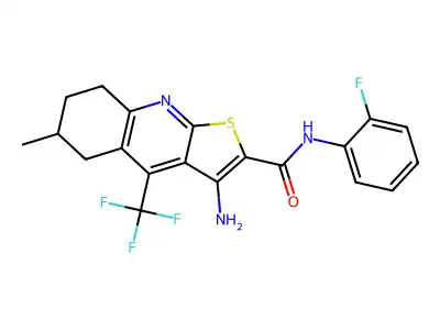 3-amino-N-(2-fluorophenyl)-6-methyl-4-(trifluoromethyl)-5,6,7,8-tetrahydrothieno[2,3-b]quinoline-2-carboxamide structure