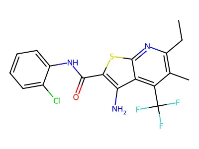 3-amino-N-(2-chlorophenyl)-6-ethyl-5-methyl-4-(trifluoromethyl)thieno[2,3-b]pyridine-2-carboxamide structure