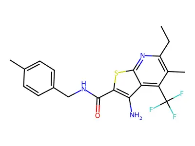 3-amino-6-ethyl-5-methyl-N-[(4-methylphenyl)methyl]-4-(trifluoromethyl)thieno[2,3-b]pyridine-2-carboxamide structure
