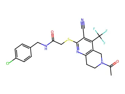 2-{[6-acetyl-3-cyano-4-(trifluoromethyl)-5,6,7,8-tetrahydro[1,6]naphthyridin-2-yl]sulfanyl}-N-(4-chlorobenzyl)acetamide structure