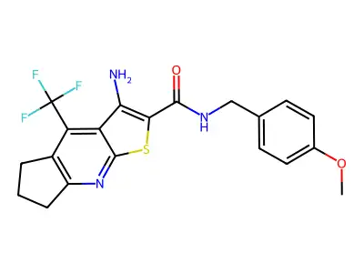 3-amino-N-(4-methoxybenzyl)-4-(trifluoromethyl)-6,7-dihydro-5H-cyclopenta[b]thieno[3,2-e]pyridine-2-carboxamide structure