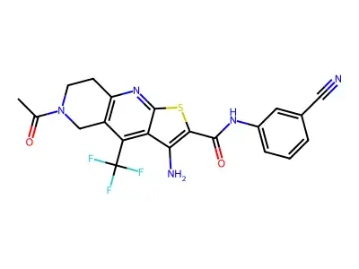 6-acetyl-3-amino-N-(3-cyanophenyl)-4-(trifluoromethyl)-5,6,7,8-tetrahydrothieno[2,3-b][1,6]naphthyridine-2-carboxamide structure