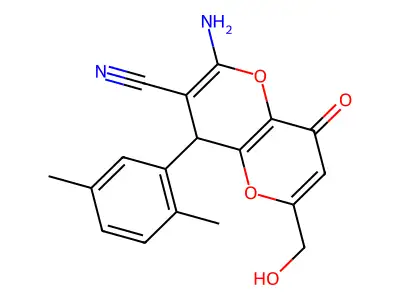 2-amino-4-(2,5-dimethylphenyl)-6-(hydroxymethyl)-8-oxo-4,8-dihydropyrano[3,2-b]pyran-3-carbonitrile structure