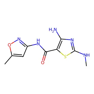 4-amino-2-(methylamino)-N-(5-methyl-1,2-oxazol-3-yl)-1,3-thiazole-5-carboxamide structure