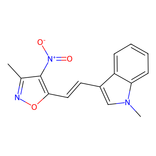 1-methyl-3-[(E)-2-(3-methyl-4-nitro-1,2-oxazol-5-yl)ethenyl]-1H-indole structure