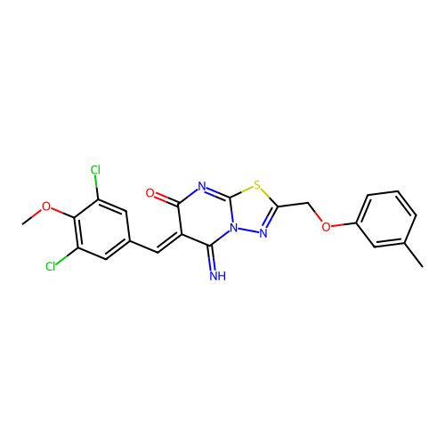 (6Z)-6-[(3,5-dichloro-4-methoxyphenyl)methylidene]-5-imino-2-[(3-methylphenoxy)methyl]-[1,3,4]thiadiazolo[3,2-a]pyrimidin-7-one structure