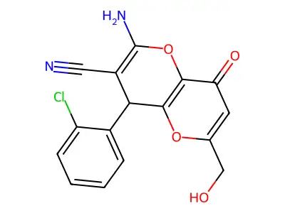 2-amino-4-(2-chlorophenyl)-6-(hydroxymethyl)-8-oxo-4,8-dihydropyrano[3,2-b]pyran-3-carbonitrile structure