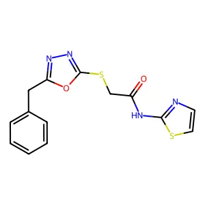 2-((5-benzyl-1,3,4-oxadiazol-2-yl)thio)-N-(thiazol-2-yl)acetamide structure