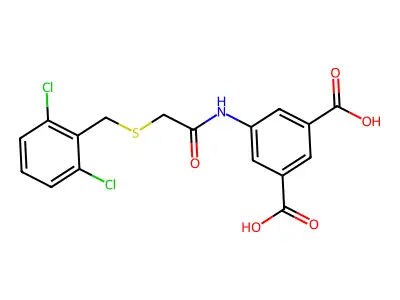 5-({[(2,6-Dichlorobenzyl)sulfanyl]acetyl}amino)benzene-1,3-dicarboxylic acid structure
