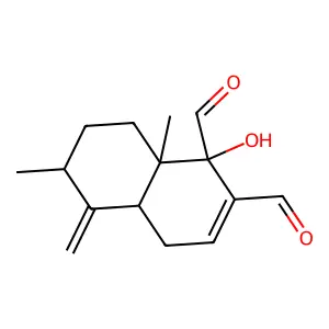 (2S,6S,8aS)-1-hydroxy-6,8a-dimethyl-5-methylene-decalin-1,2-dicarbaldehyde structure