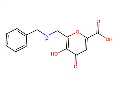 4H-Pyran-2-carboxylic acid, 6-((benzylamino)methyl)-5-hydroxy-4-oxo-, hydrate structure