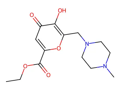 4H-Pyran-2-carboxylic acid, 5-hydroxy-6-((4-methyl-1-piperazinyl)methyl)-4-oxo-, ethyl ester structure