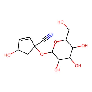 (1R,4R)-1-(beta-D-Glucopyranosyloxy)-4-hydroxy-2-cyclopentene-1-carbonitrile structure
