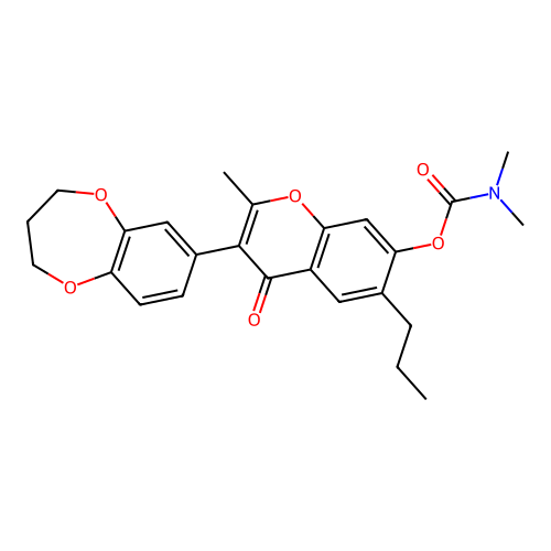 (3-(2H,3H,4H-benzo[b]1,4-dioxepan-7-yl)-2-methyl-4-oxo-6-propylchromen-7-yloxy )-N,N-dimethylcarboxamide structure