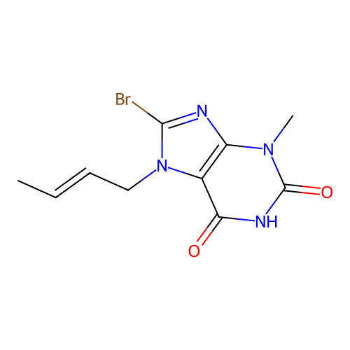 8-bromo-7-[(2E)-but-2-en-1-yl]-3-methyl-3,7-dihydro-1H-purine-2,6-dione structure