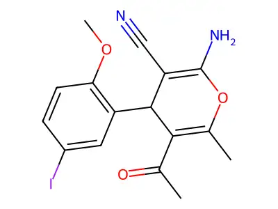 5-acetyl-2-amino-4-(5-iodo-2-methoxyphenyl)-6-methyl-4H-pyran-3-carbonitrile structure