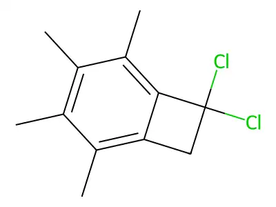 7,7-Dichloro-2,3,4,5-tetramethyl-bicyclo(4.2.0)octa-1(6),2,4-triene structure