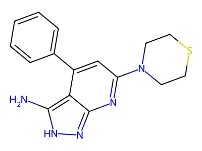 1H-Pyrazolo(3,4-b)pyridin-3-amine, 4-phenyl-6-(4-thiomorpholinyl)- structure