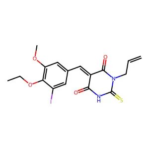 (5E)-5-[(4-ethoxy-3-iodo-5-methoxyphenyl)methylidene]-1-prop-2-enyl-2-sulfanylidene-1,3-diazinane-4,6-dione structure