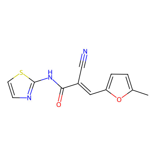 2-cyano-3-(5-methylfuran-2-yl)-N-(1,3-thiazol-2-yl)prop-2-enamide structure