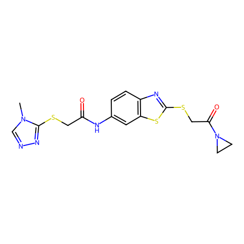 N-(2-((2-(aziridin-1-yl)-2-oxoethyl)thio)benzo[d]thiazol-6-yl)-2-((4-methyl-4H-1,2,4-triazol-3-yl)thio)acetamide structure