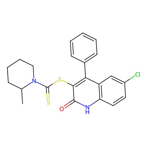 6-chloro-2-oxo-4-phenyl-1,2-dihydroquinolin-3-yl 2-methylpiperidine-1-carbodithioate structure