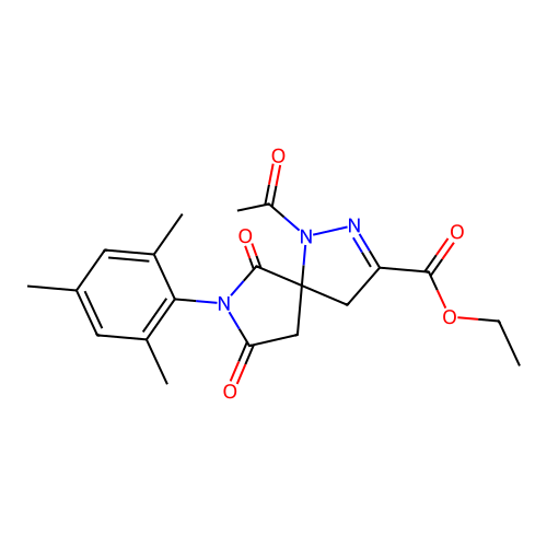 Ethyl 1-acetyl-7-mesityl-6,8-dioxo-1,2,7-triazaspiro[4.4]non-2-ene-3-carboxylate structure