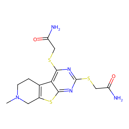2,2'-((7-methyl-5,6,7,8-tetrahydropyrido[4',3':4,5]thieno[2,3-d]pyrimidine-2,4-diyl)bis(sulfanediyl))diacetamide structure