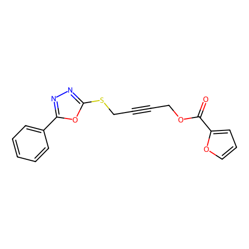 4-[(5-Phenyl-1,3,4-oxadiazol-2-yl)sulfanyl]but-2-yn-1-yl furan-2-carboxylate structure