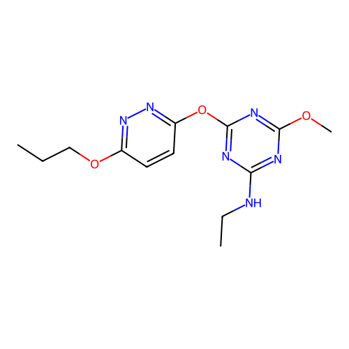 N-ethyl-4-methoxy-6-((6-propoxypyridazin-3-yl)oxy)-1,3,5-triazin-2-amine structure