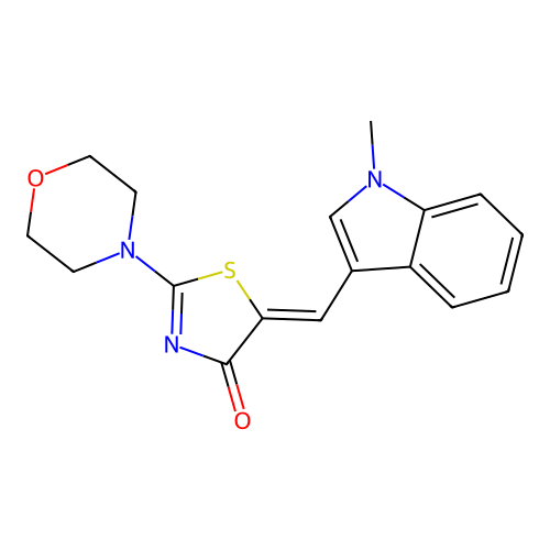 (Z)-5-((1-methyl-1H-indol-3-yl)methylene)-2-morpholinothiazol-4(5H)-one structure