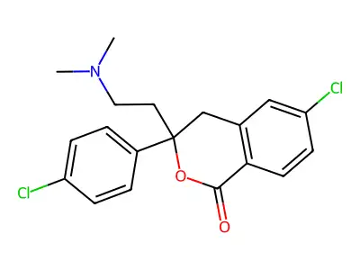 6-chloro-3-(4-chlorophenyl)-3-[2-(dimethylamino)ethyl]-3,4-dihydro-1H-2-benzopyran-1-one structure