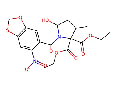 diethyl 5-hydroxy-3-methyl-1-(6-nitro-1,3-benzodioxole-5-carbonyl)pyrrolidine-2,2-dicarboxylate structure